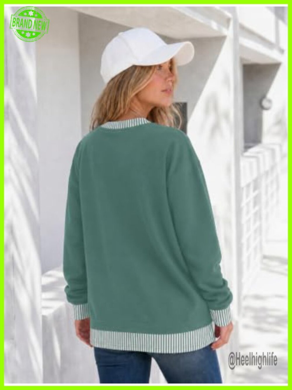 Womens Oversized Crewneck Sweatshirt Striped Trim Pullover Long Sleeve Casual - Picture 2 of 5